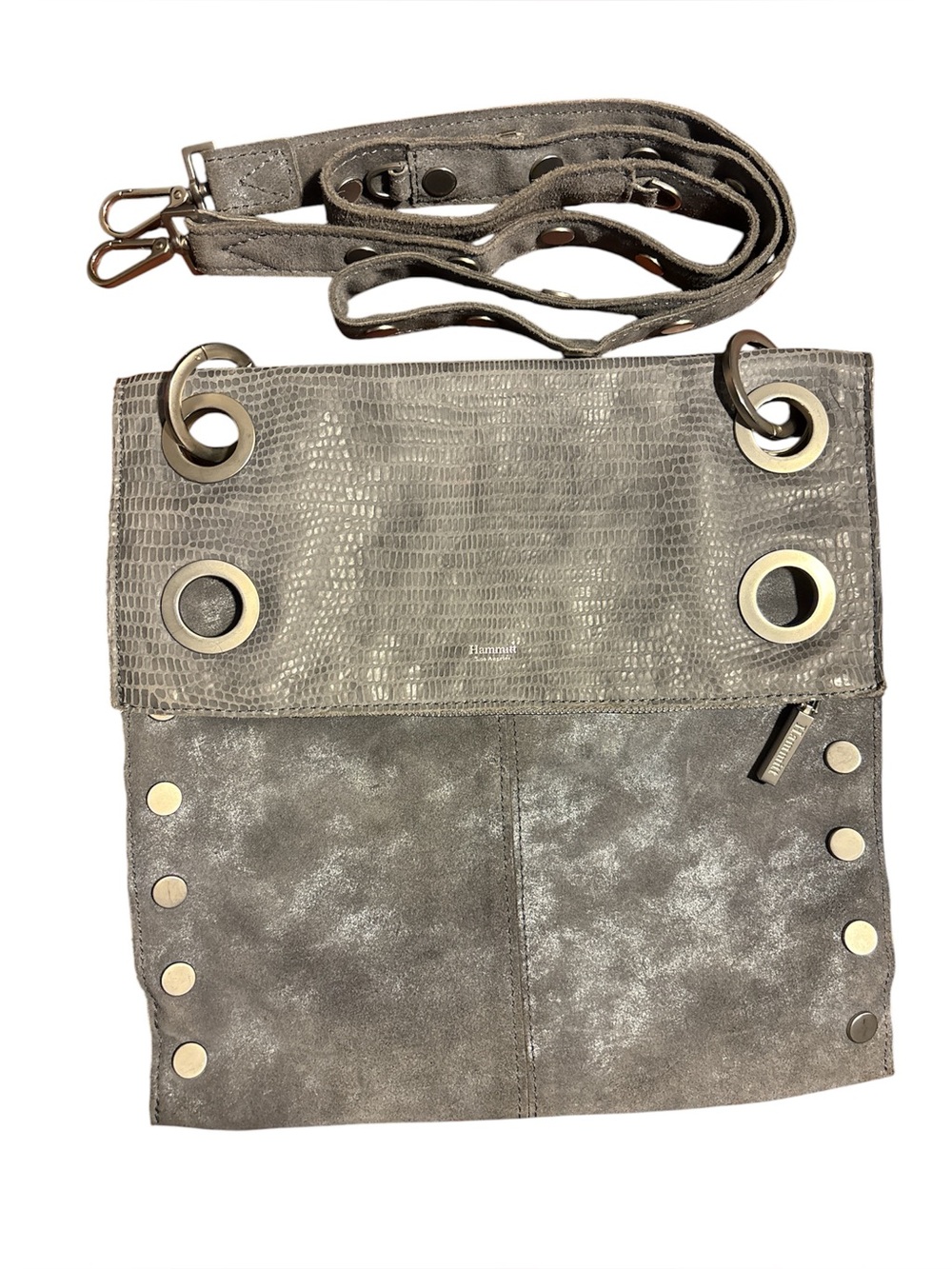 Hammitt Montana Gray Suede and Textured Leather Bag, Brushed Silver